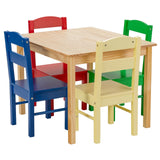 Juego de mesa y 5 sillas de madera de pino para niños