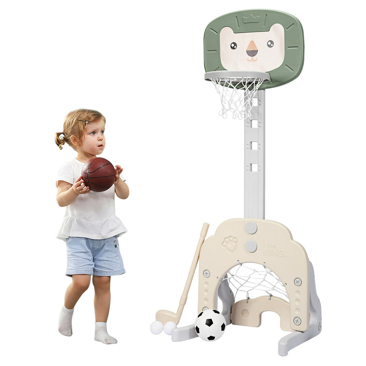 Juego deportivo 3 en 1 de baloncesto ajustable para niños