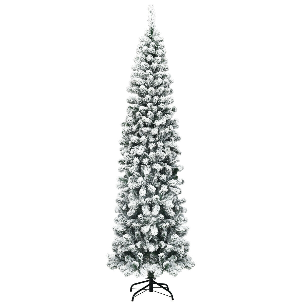 Árbol de Navidad artificial angosto de 2.28 m con bisagras, sin luces, efecto nieve y 641 puntas