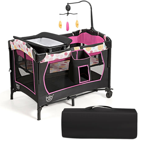 Corral de bebé portátil convertible 3 en 1 con caja de música, ruedas y frenos