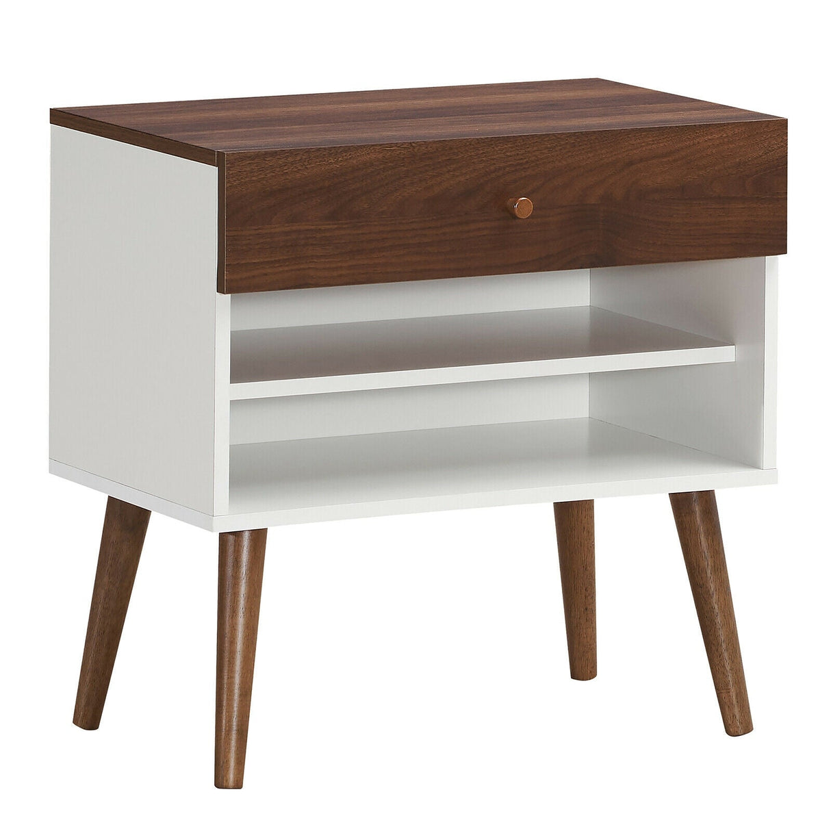 Mesita de Noche Mid-Century con Cajón y Patas de Madera de Caucho