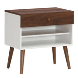 Mesita de Noche Mid-Century con Cajón y Patas de Madera de Caucho
