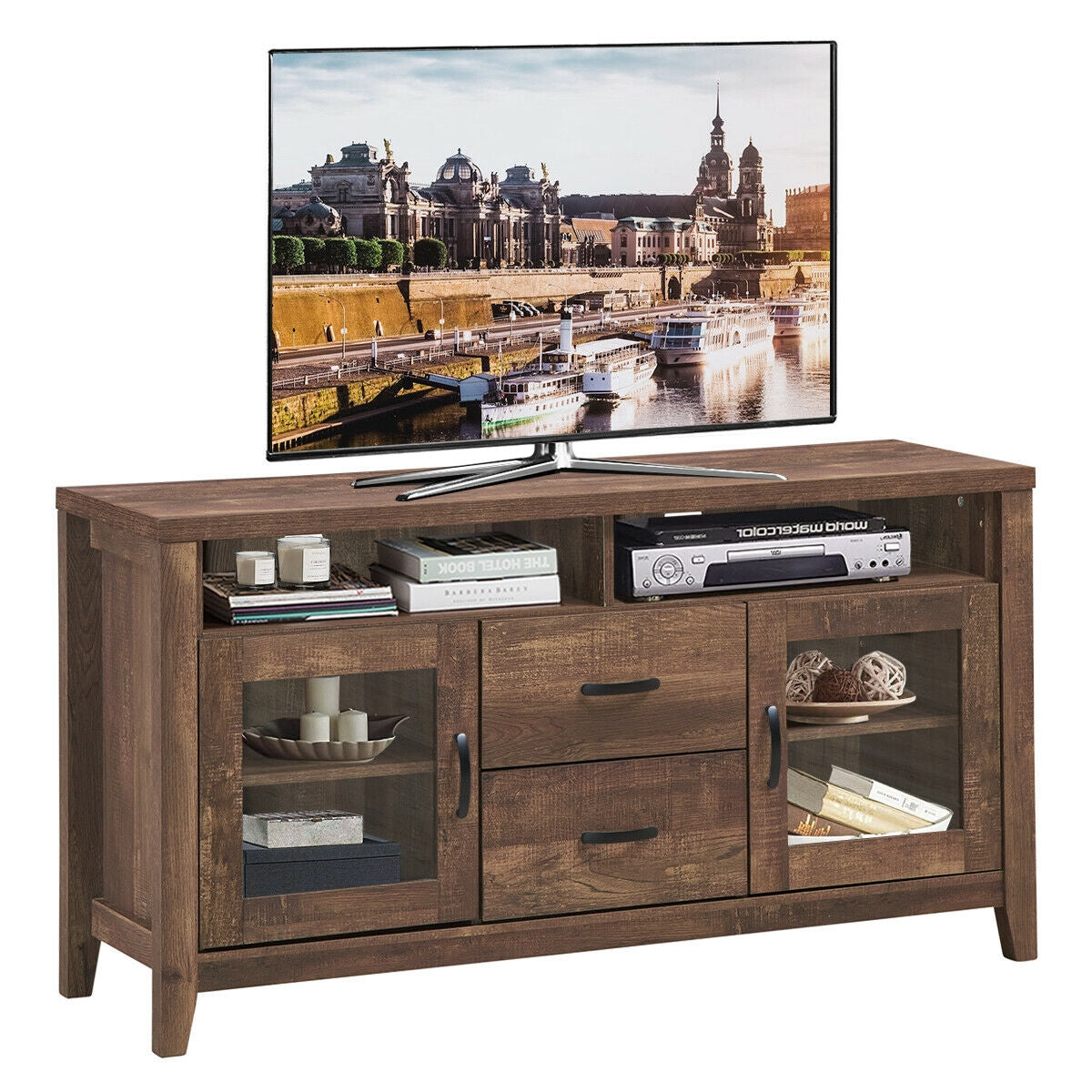Mueble para TV retro de madera con cajones y puertas de cristal templado