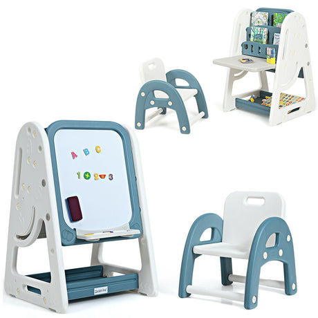 Juego de silla y caballete 2 en 1 para niños con estante para libros y tablero de arte ajustable