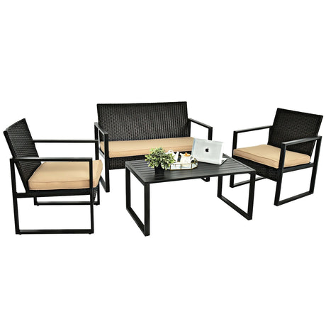 Juego de muebles de ratán para patio de 4 piezas con cojines de asiento y mesa de centro