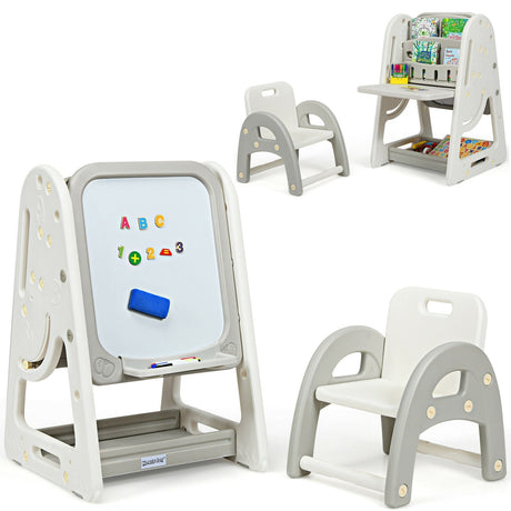 Juego de silla y caballete 2 en 1 para niños con estante para libros y tablero de arte ajustable