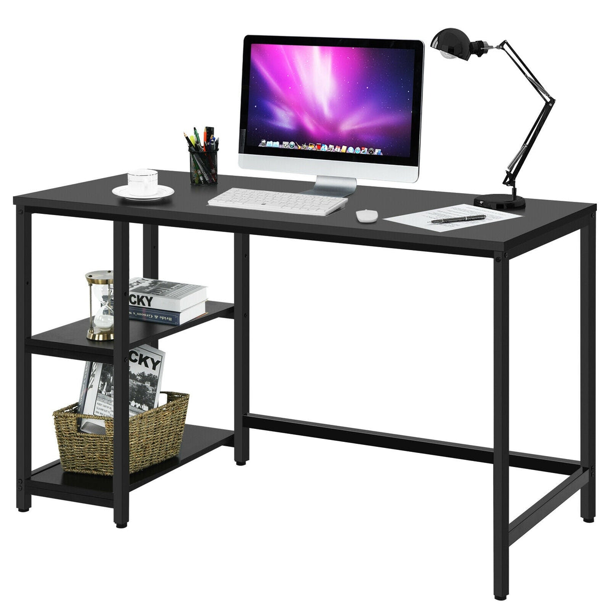 Escritorio de ordenador de 47 pulgadas, mesa de estudio, estación de trabajo para el hogar con estante ajustable, negro
