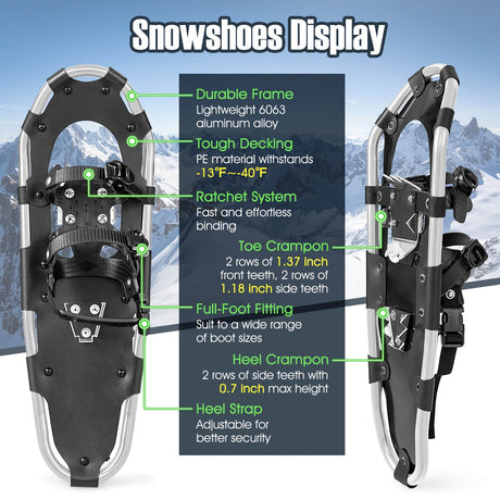 Raquetas de nieve ligeras para todo terreno 4 en 1 de 21/25/30 pulgadas con sistema de pivote flexible