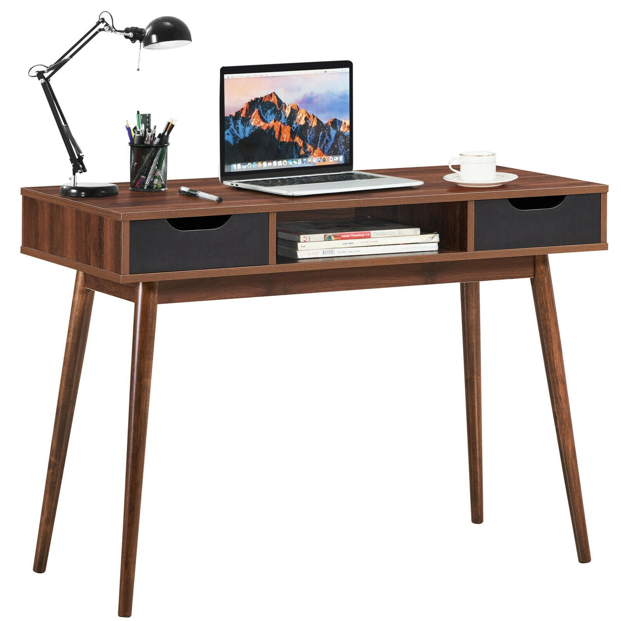 Escritorio de computadora elegante con 2 cajones y patas de madera maciza