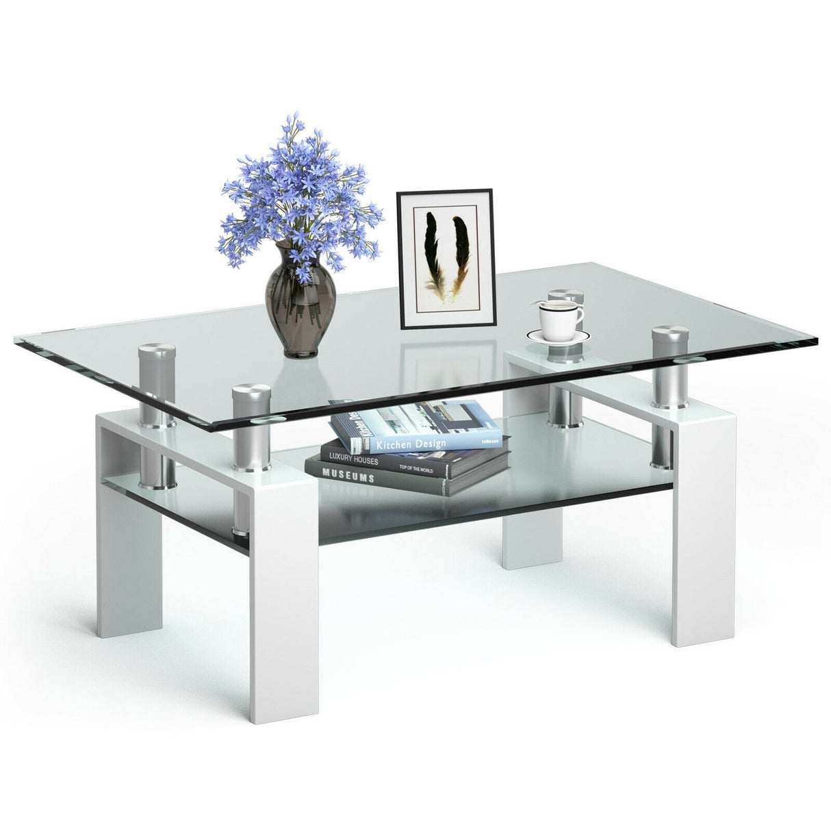 Mesa de centro rectangular de cristal con patas metálicas para salón