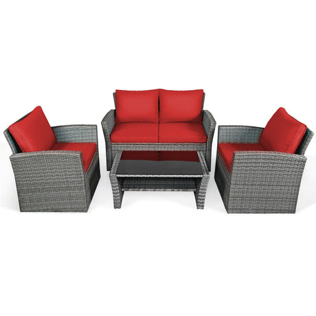 Juego de muebles de patio de ratán de 4 piezas, mesa de sofá con estante de almacenamiento y cojín