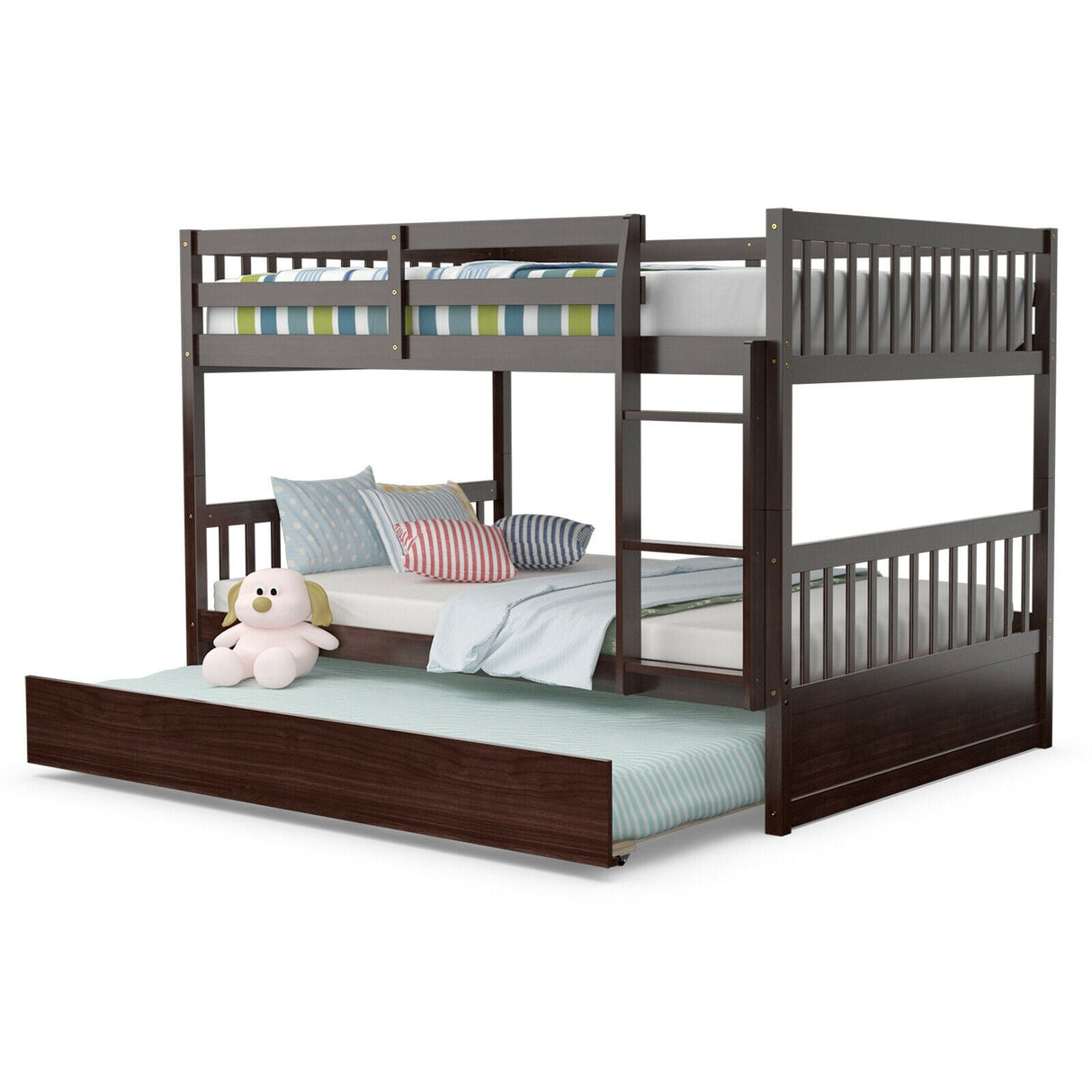 Litera doble sobre doble plataforma de madera con escalera