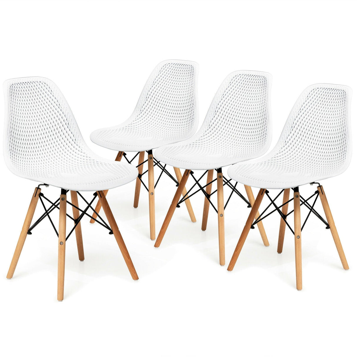 Juego de 4 sillas de plástico modernas con diseño calado y patas de madera