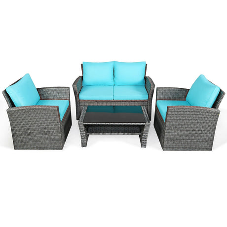 Juego de muebles de patio de ratán de 4 piezas, mesa de sofá con estante de almacenamiento y cojín