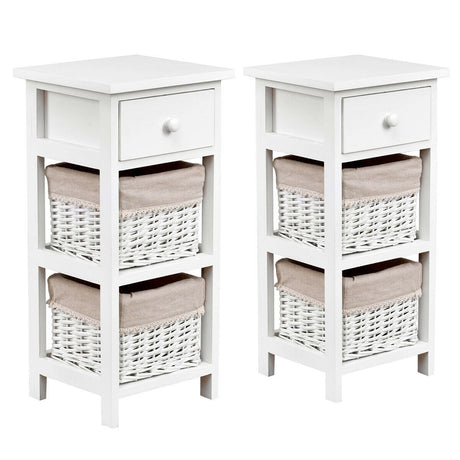 Mesa auxiliar de noche para dormitorio con cajones y cestas, 2 unidades, color blanco