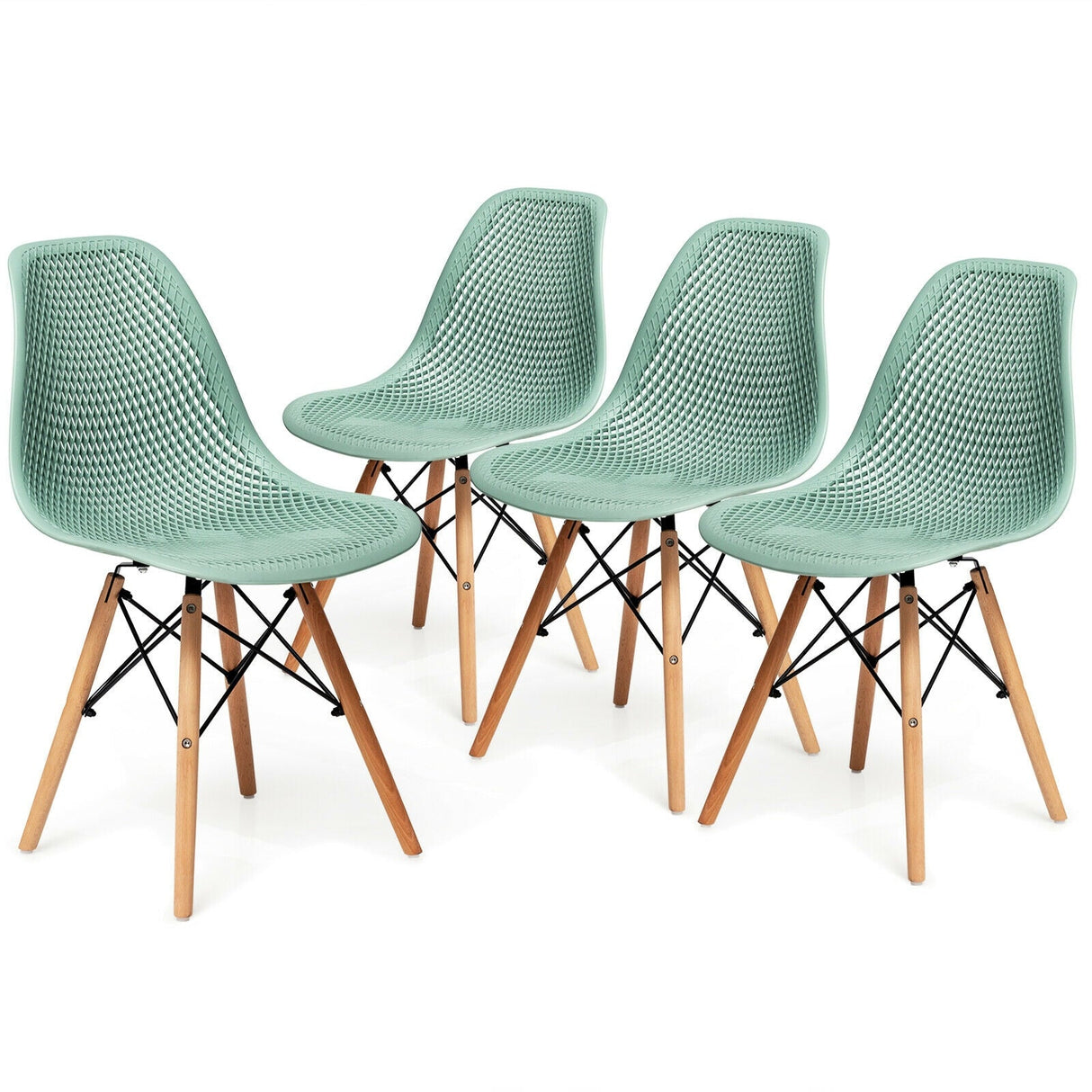 Juego de 4 sillas de plástico modernas con diseño calado y patas de madera