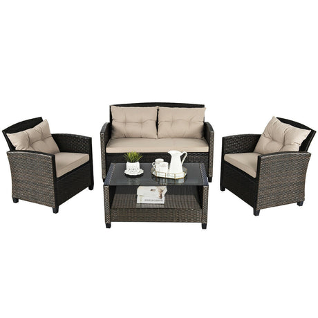 Juego de muebles de ratán para exterior de 4 piezas con mesa de cristal