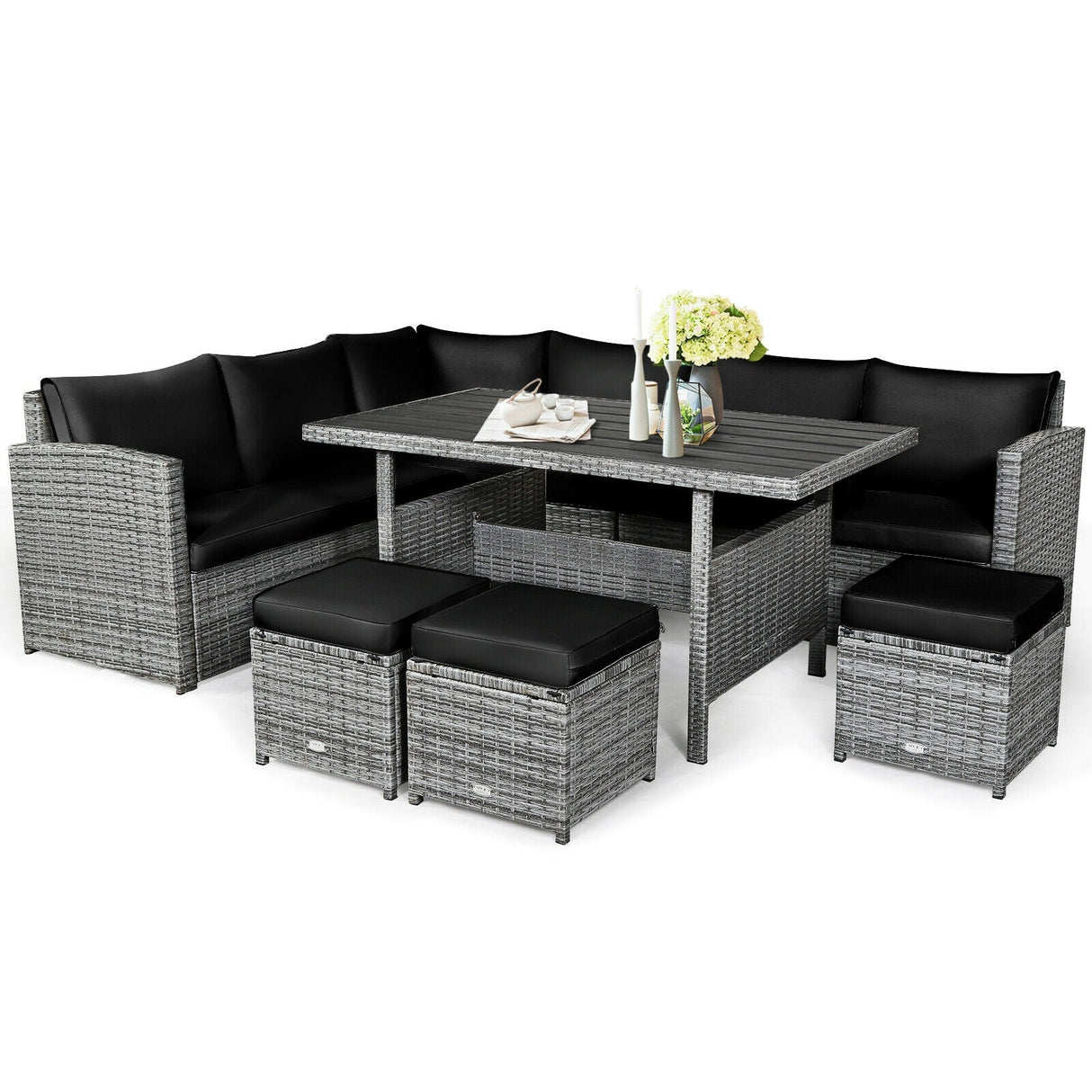 7 Pieces Patio Rattan Dining Furniture Sectional Sofa Set with Wicker Ottoman