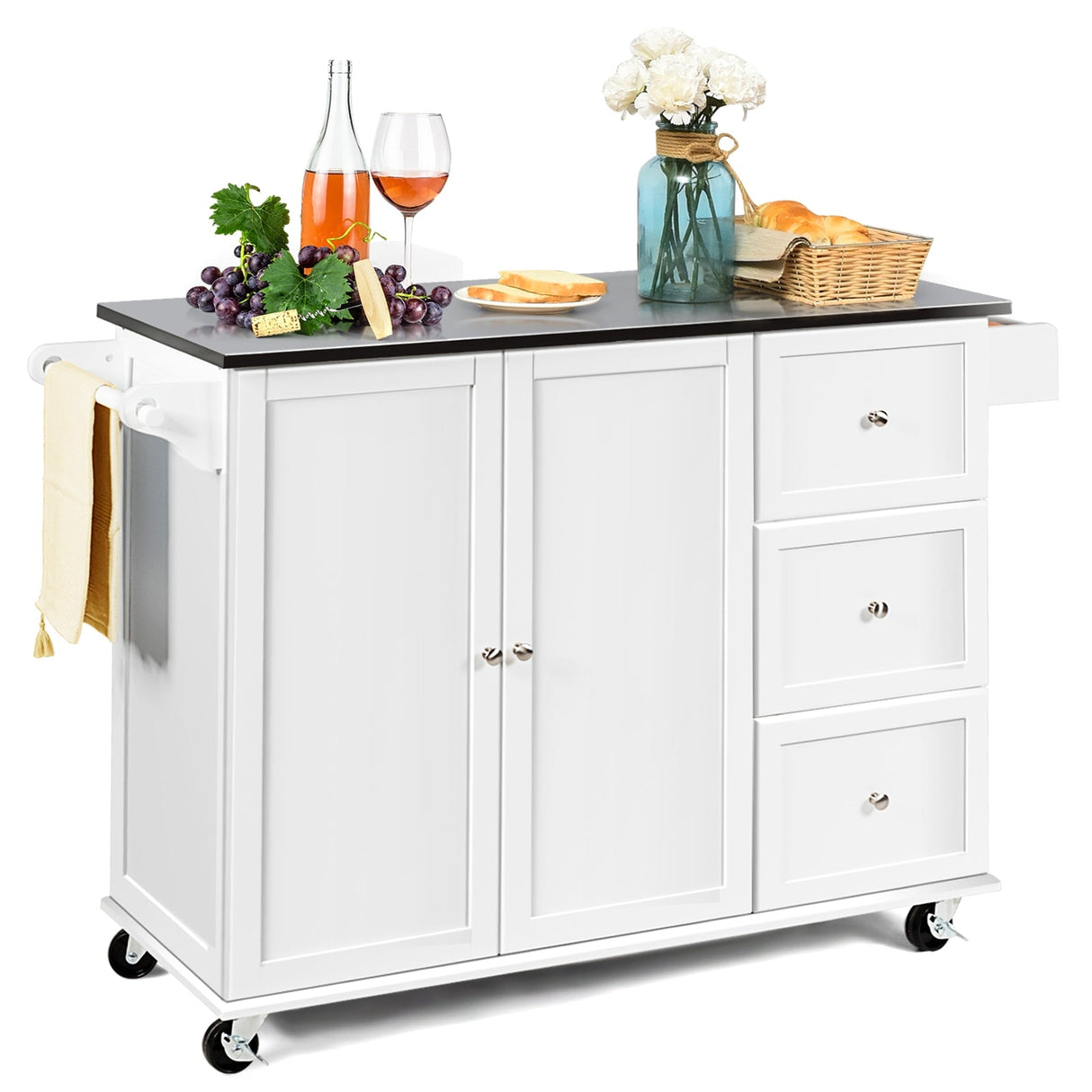 Isla de cocina con gabinete de almacenamiento de 2 puertas, cajones y encimera de acero inoxidable