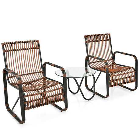 Juego de Muebles de Patio de Ratán de 3 Piezas con 2 Sillas Individuales de Mimbre y Mesa Auxiliar de Cristal
