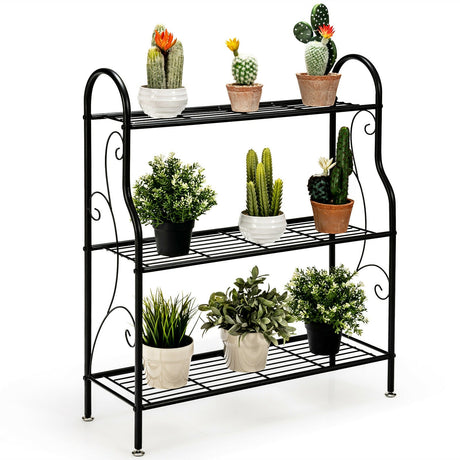 Soporte metálico de 3 niveles con diseño de volutas para plantas - Negro