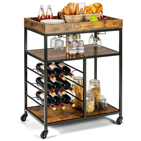 Carrito de Servicio de Cocina Rodante de Madera de 3 Niveles con Soporte para 9 Botellas de Vino, Estructura Metálica - Marrón Rústico