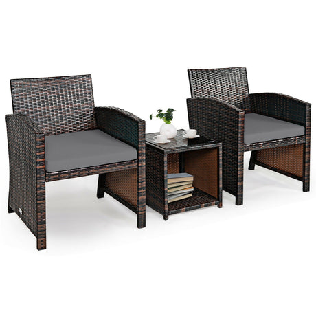 Juego de 3 Muebles de Ratán PE de Mimbre con Cojín Sofá y Mesa de Café para Jardín