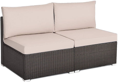 Juego de sofá de ratán para patio de 2 piezas sin reposabrazos con 2 cojines y 2 almohadas