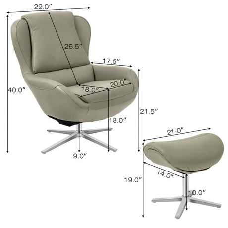 Sillón reclinable giratorio 360° de cuero con otomana y base de aleación de aluminio