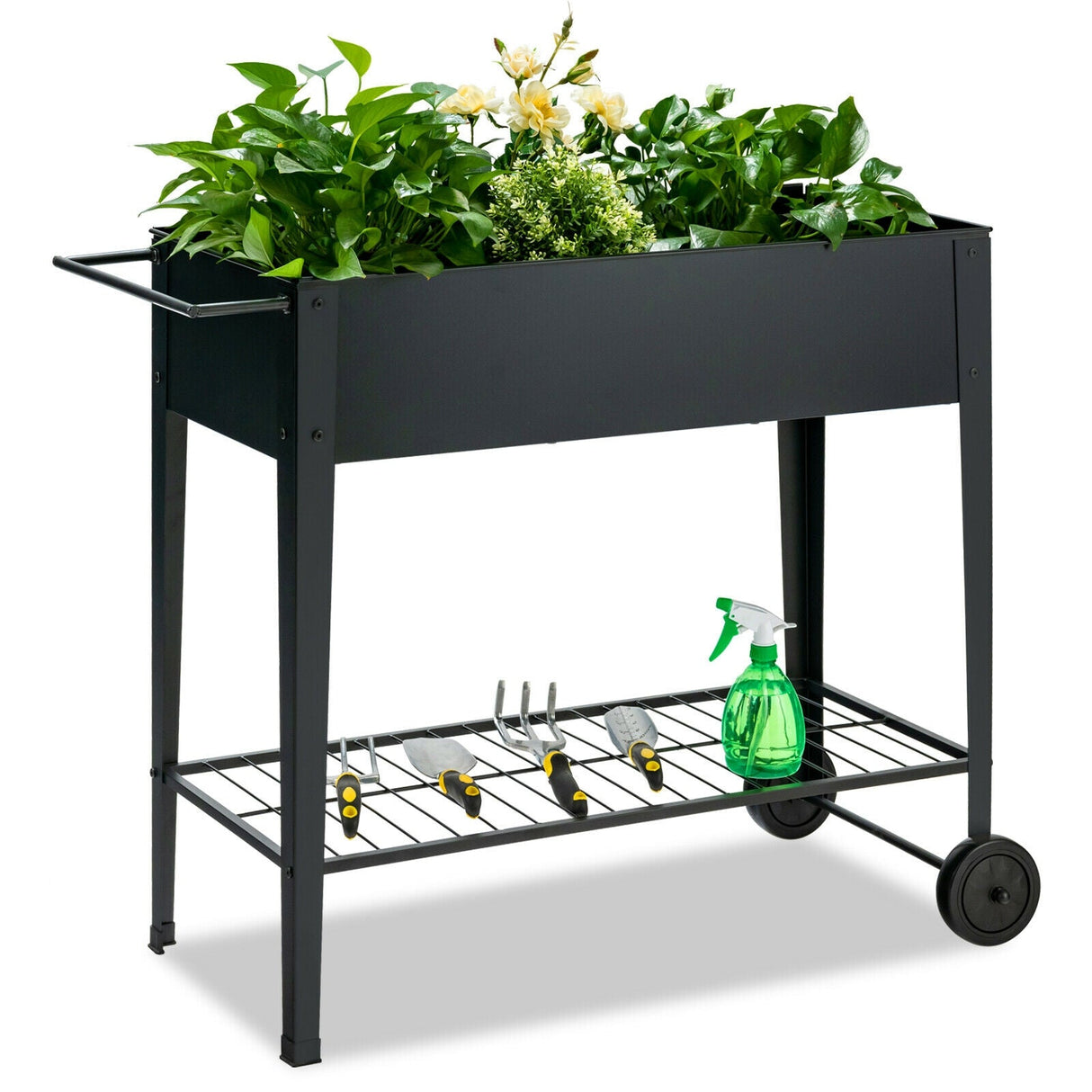 Cama de jardín elevada, maceta alta con ruedas, maceta de acero con estante, negra