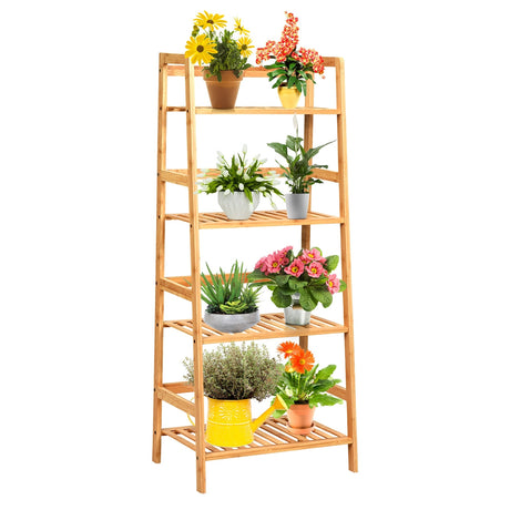 4-Tier Bamboo Plant Rack with Guardrails Stable and Space-Saving