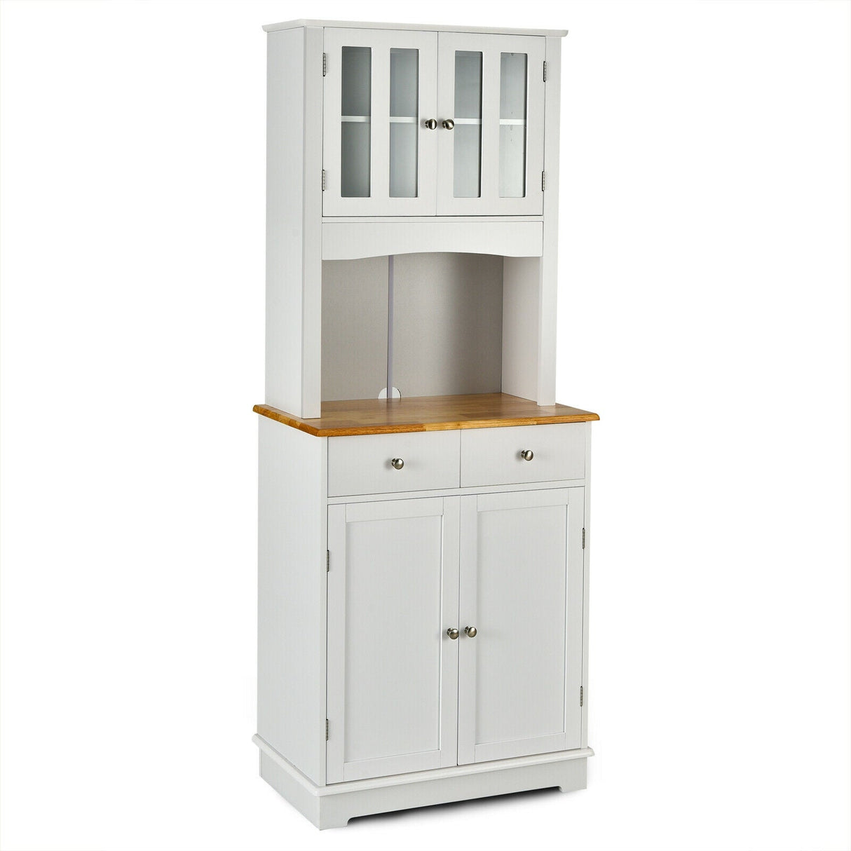 Kitchen Pantry Cabinet with Wood Top and Hutch-White