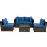 Juego de muebles de patio de ratán acolchados de 5 piezas con mesa de cristal
