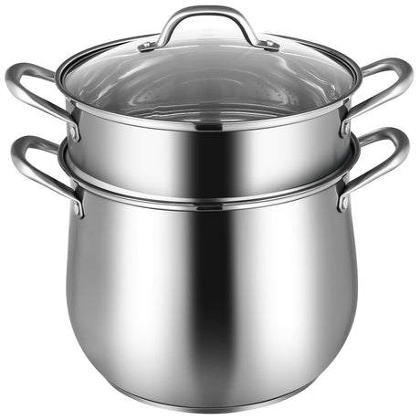 Olla Vaporera de 2 Niveles de Acero Inoxidable con Tapa de Vidrio Templado