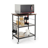 Carrito de servicio de cocina de 3 niveles con ruedas, estante utilitario para microondas con ganchos