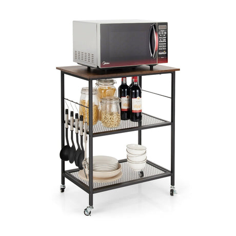 Carrito de servicio de cocina de 3 niveles con ruedas, estante utilitario para microondas con ganchos