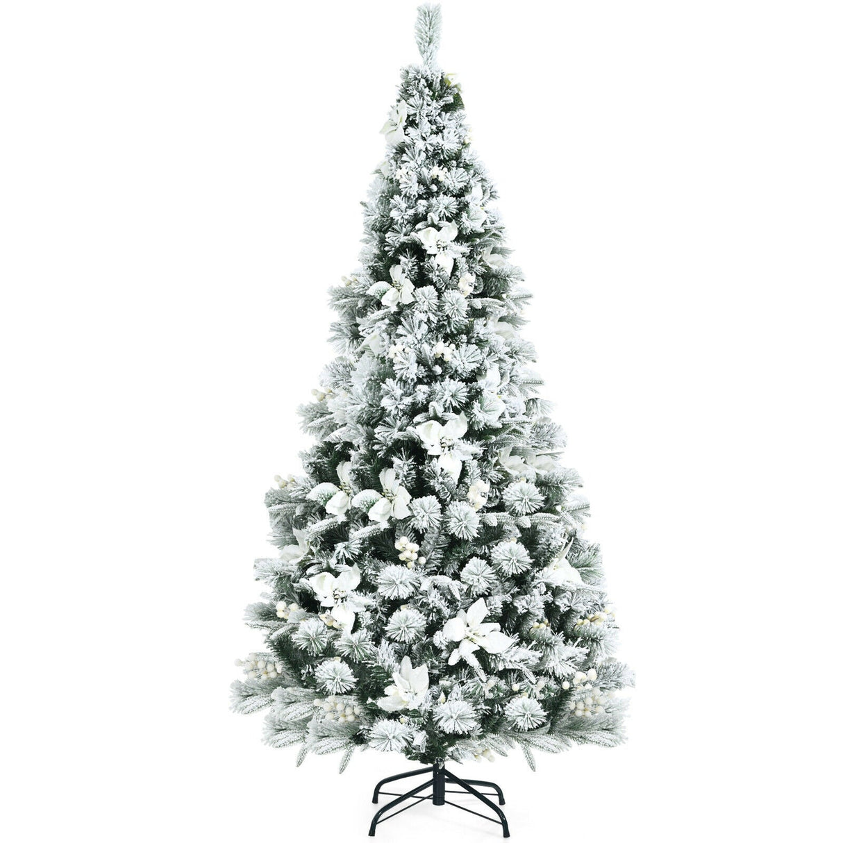Árbol de Navidad Artificial de 1.83 m con Aspecto Nevado, Bisagras, Bayas y Flores de Pascua