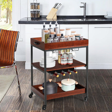 Carrito de bar de cocina de 3 niveles con soporte para vasos y botellero