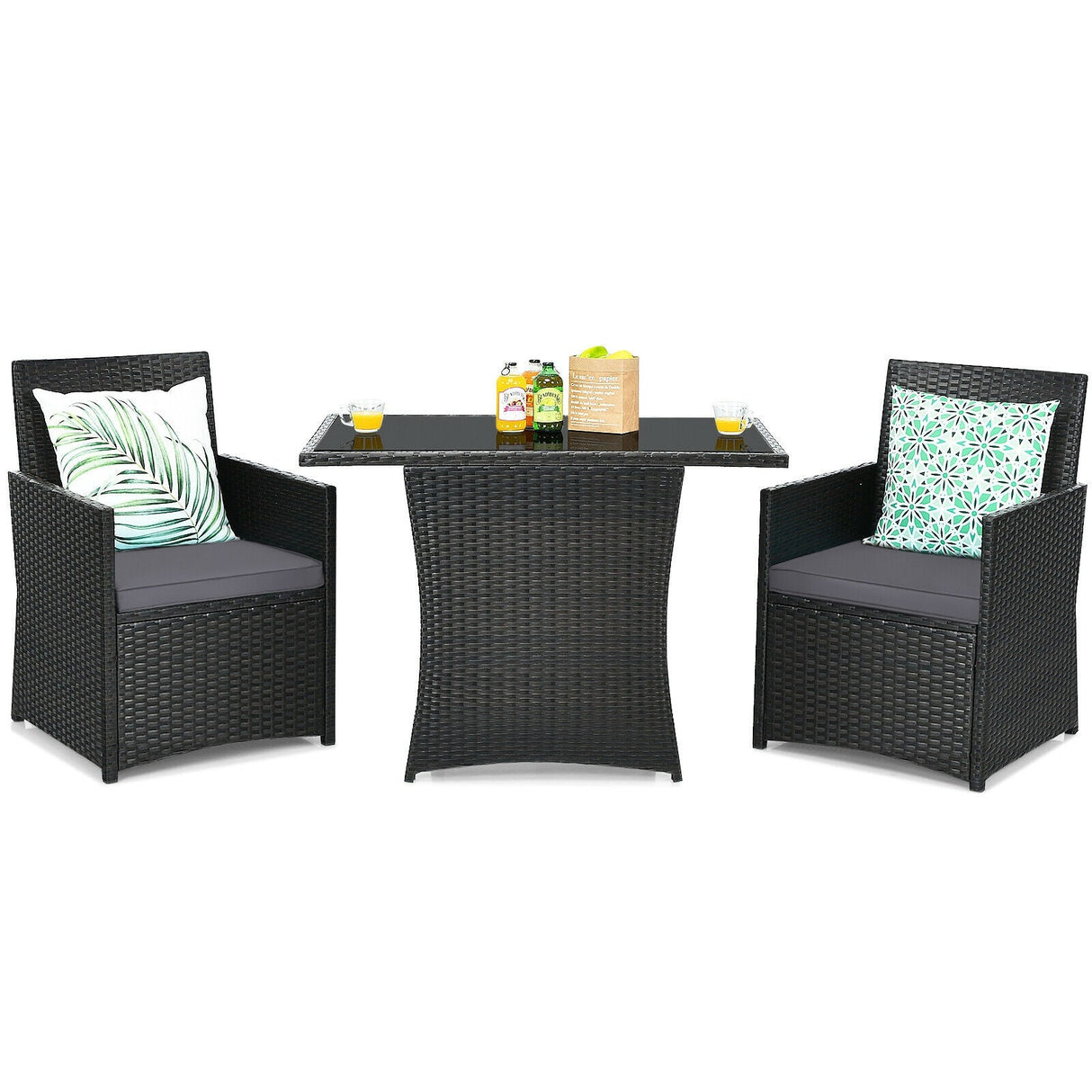 Conjunto de muebles de ratán para patio de 3 piezas con cojín y reposabrazos de sofá