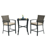 3 Pieces Rattan Bar Furniture Set with Slat Table and 2 Cushioned Stools