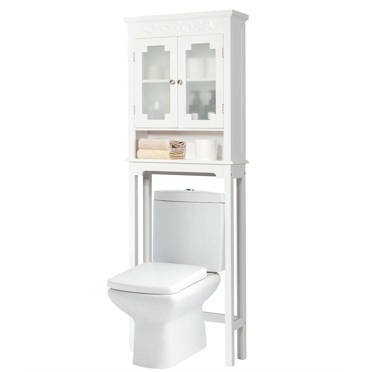 Ahorrador de espacio de baño, estante para inodoro con parte superior tallada y estante ajustable