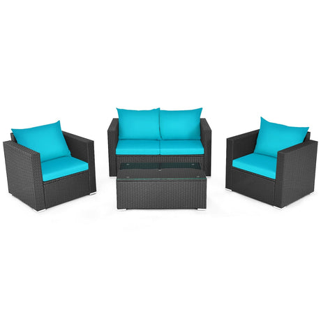 Juego de conversación de ratán para patio de 4 piezas con cojines y mesa de centro - Negro