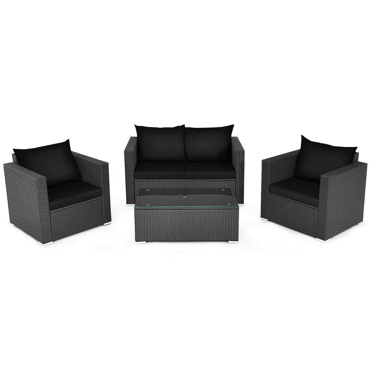 Juego de conversación de ratán para patio de 4 piezas con cojines y mesa de centro - Negro