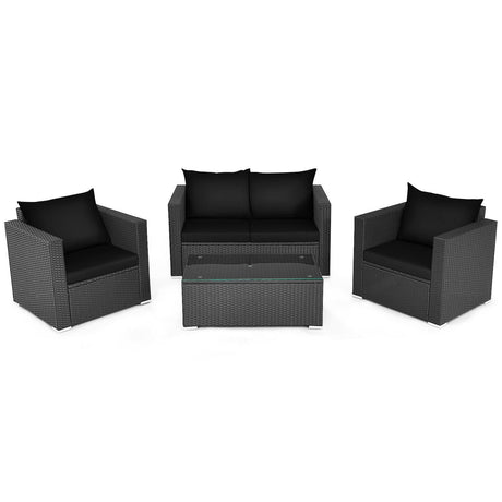 Juego de conversación de ratán para patio de 4 piezas con cojines y mesa de centro - Negro