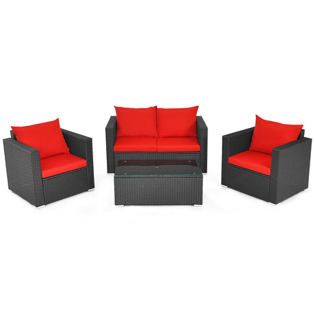 Juego de conversación de ratán para patio de 4 piezas con cojines y mesa de centro - Negro