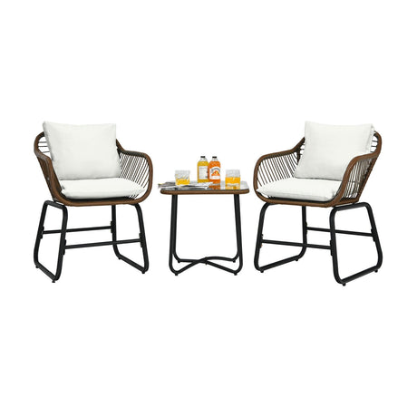 Juego de bistro de ratán para patio de 3 piezas con sillas acolchadas y mesa de cristal