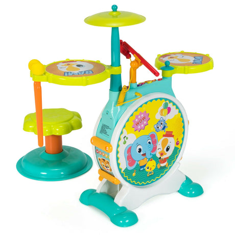 Juego de batería eléctrica infantil de 3 piezas con micrófono, taburete y pedal