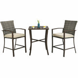 3 Pieces Rattan Bar Furniture Set with Slat Table and 2 Cushioned Stools