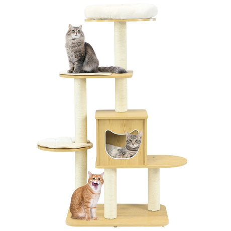 Torre para gatos moderna de madera de 4 niveles con alfombrillas lavables - Nogal