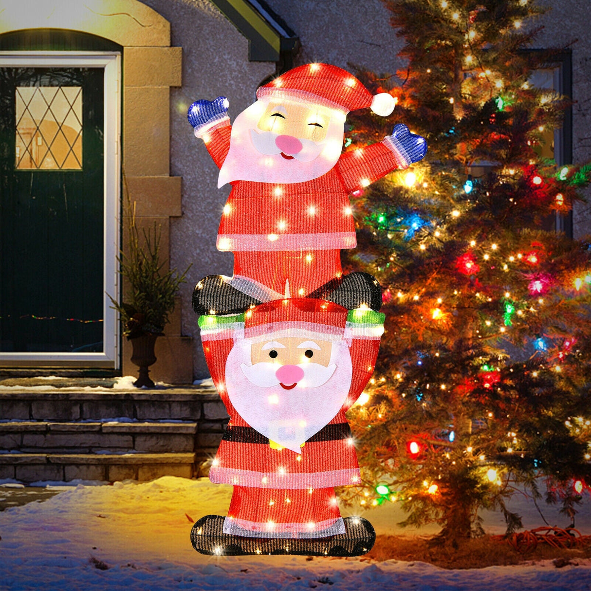 Decoración navideña doble de Papá Noel con luces de cadena y estacas para jardín con LED